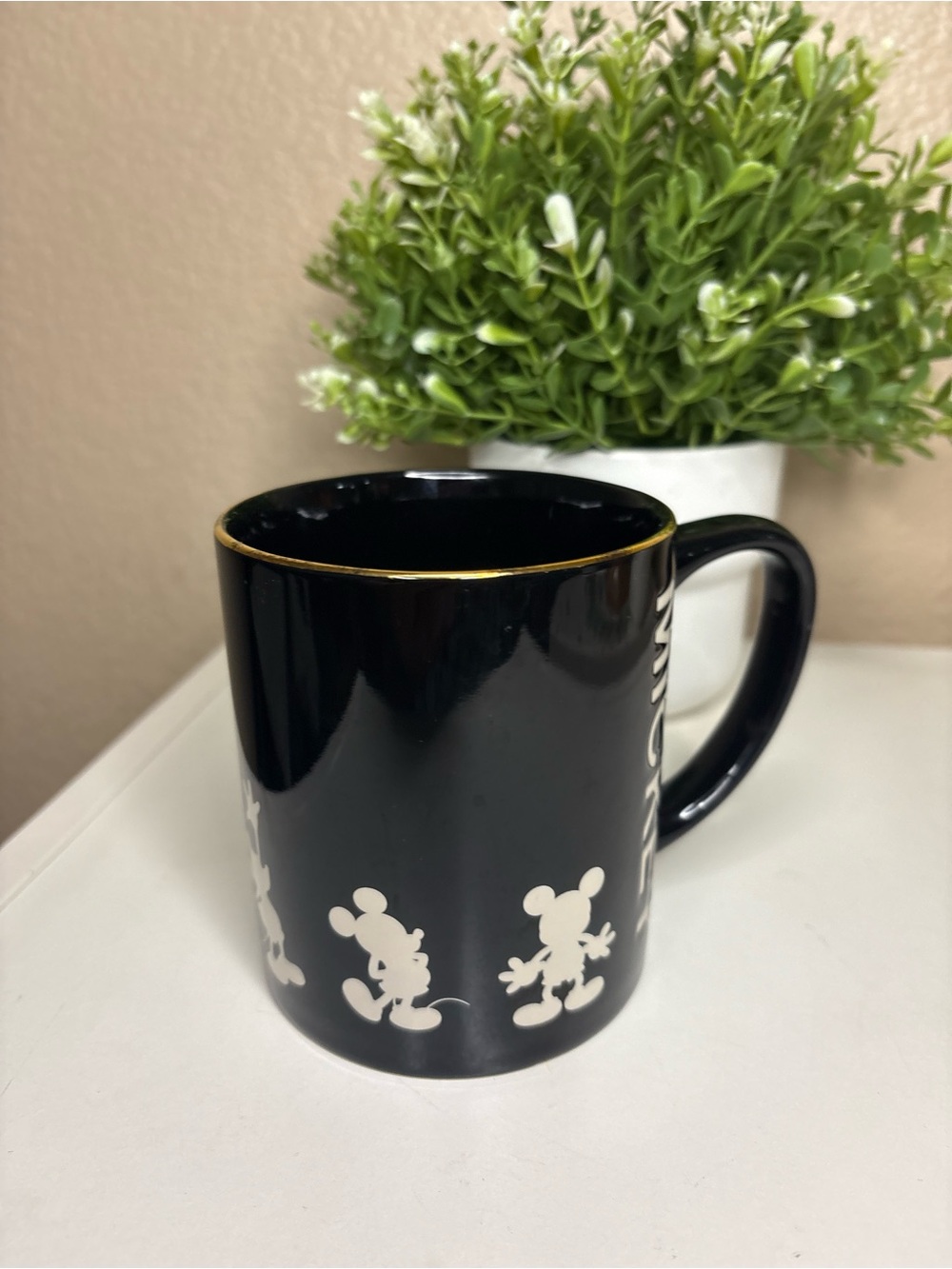 Disney Black Ceramic Mug with White Mickey Silhouettes and Gold Rim